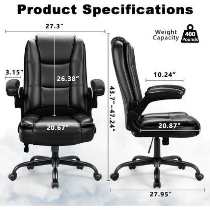 Fauteuil de bureau BOSSIN pour grandes tailles, ergonomique, à dossier haut, réglable en hauteur, en cuir, avec accoudoirs rembourrés et relevables.