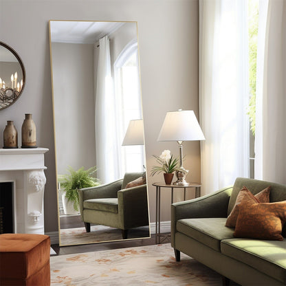 Miroir sur pied avec cadre en alliage d'aluminium, idéal pour la chambre ou le dressing.