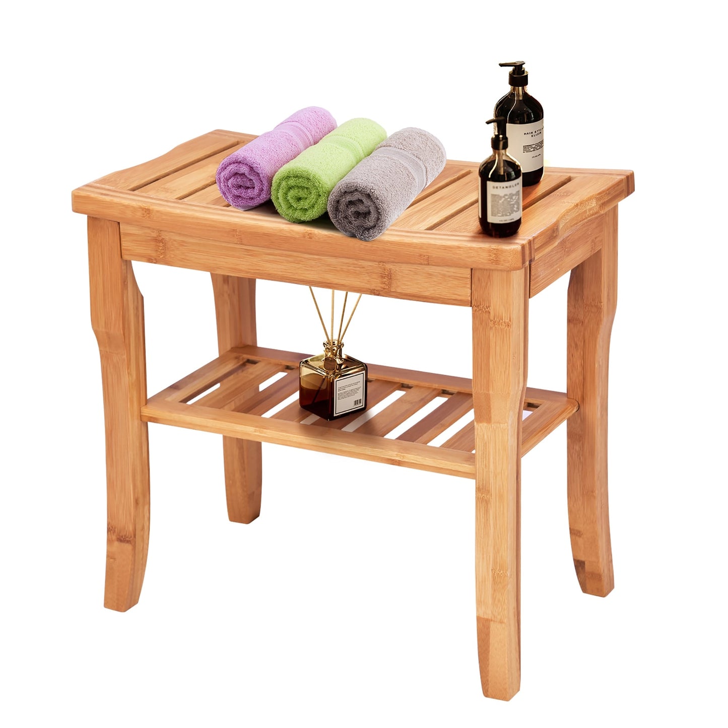 Banc de douche en bambou naturel avec étagère de rangement pour salle de bain et spa - Naturel