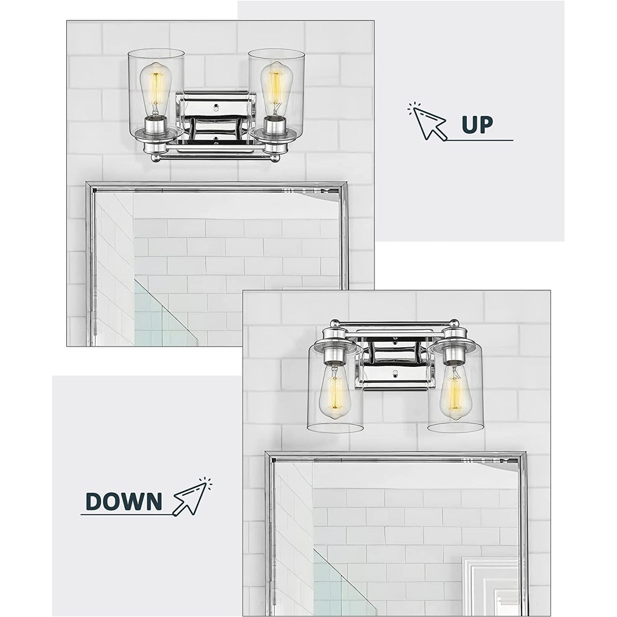 Applique murale de salle de bain avec abat-jour en verre transparent, à placer au-dessus du miroir.