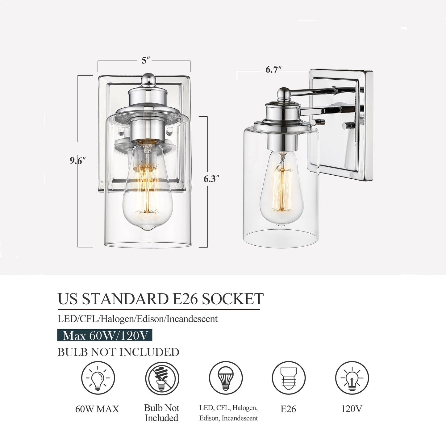 Applique murale de salle de bain avec abat-jour en verre transparent, à placer au-dessus du miroir.