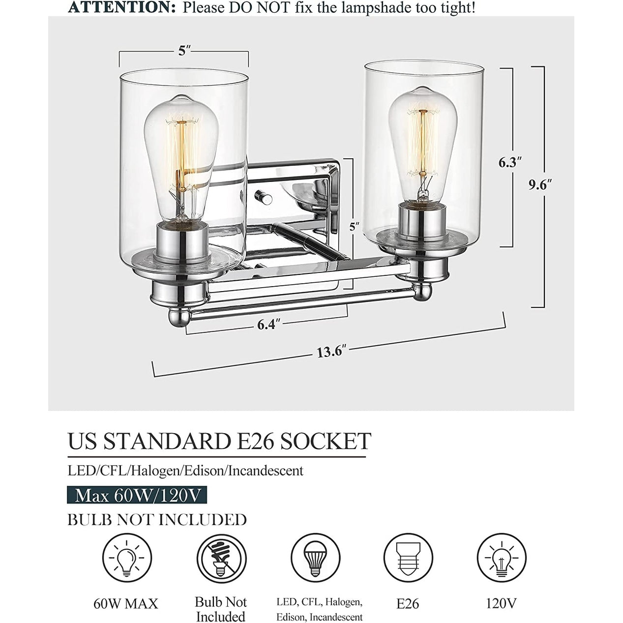 Applique murale de salle de bain avec abat-jour en verre transparent, à placer au-dessus du miroir.
