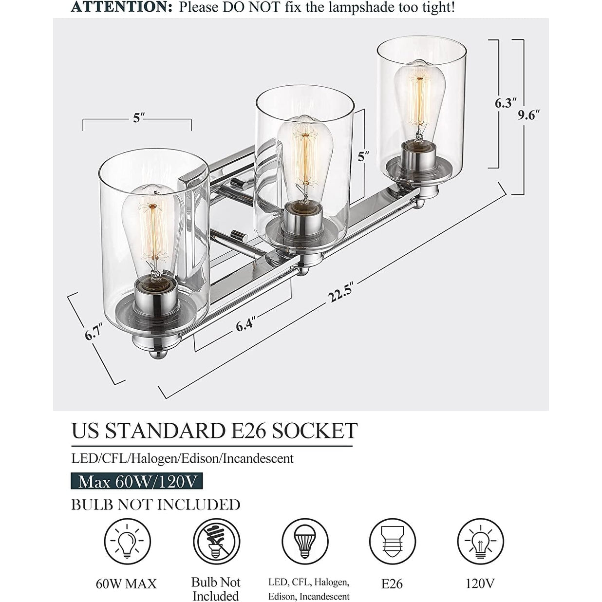 Applique murale de salle de bain avec abat-jour en verre transparent, à placer au-dessus du miroir.