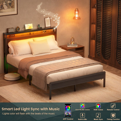 Cadre de lit plateforme en bois de style ferme avec station de charge et lumières LED