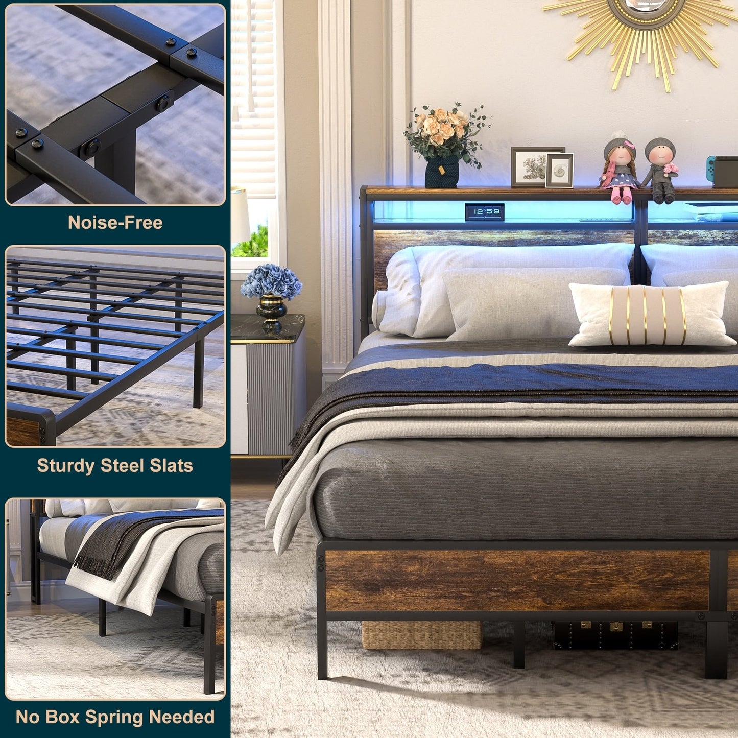 Cadre de lit plateforme en bois de style ferme avec station de charge et lumières LED