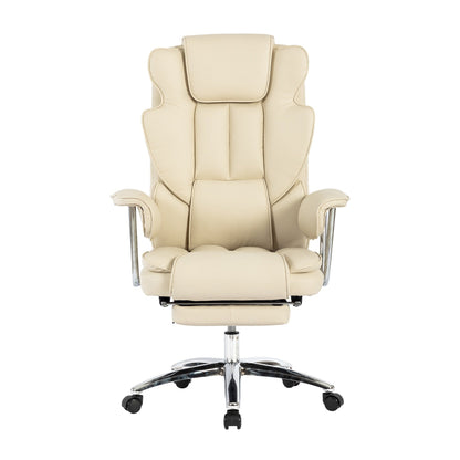 Fauteuil de bureau ergonomique pivotant à 360° en cuir reconstitué beige, dossier haut, dossier haut, soutien lombaire, repose-pieds, hauteur réglable
