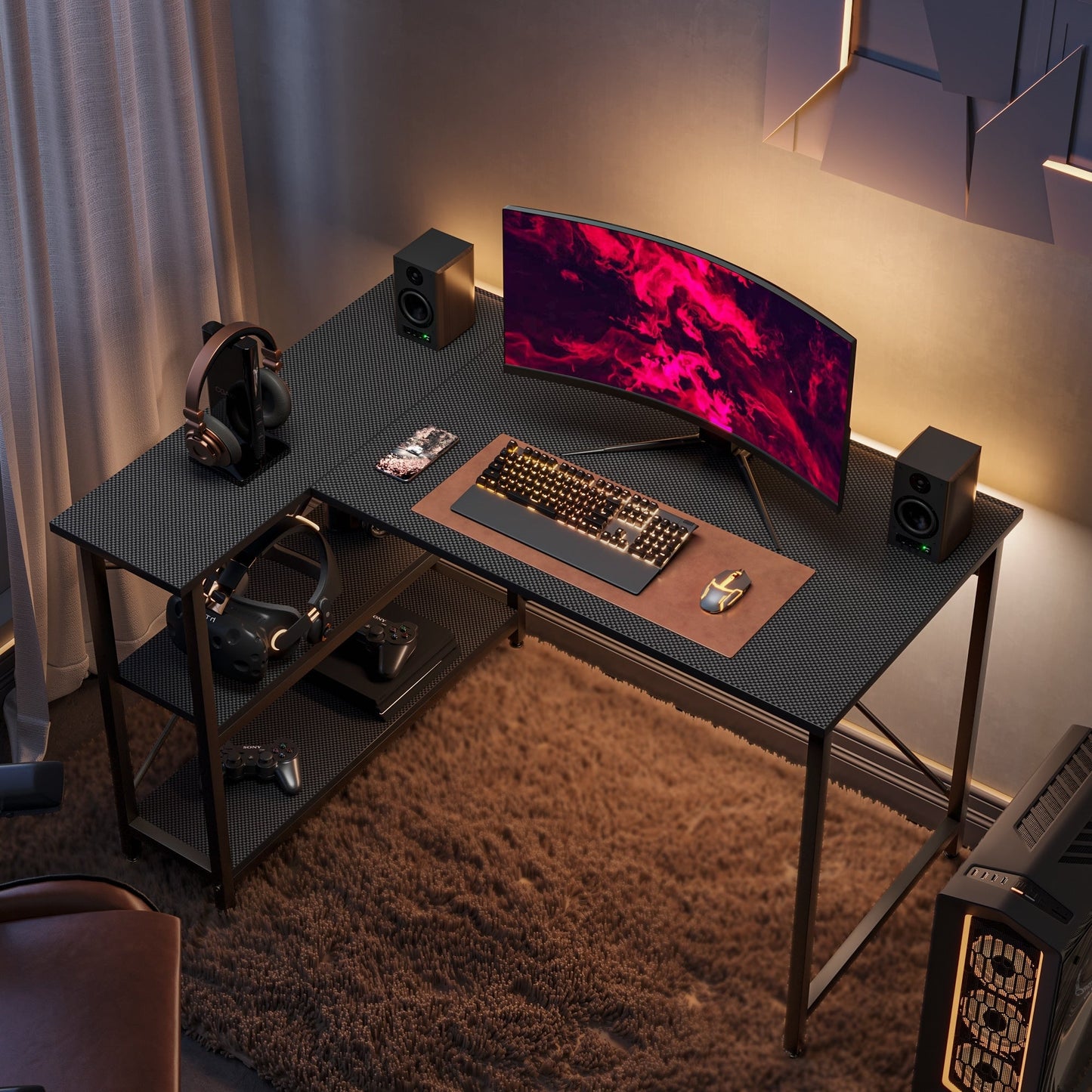 Petit bureau d'angle en forme de L avec étagères de rangement