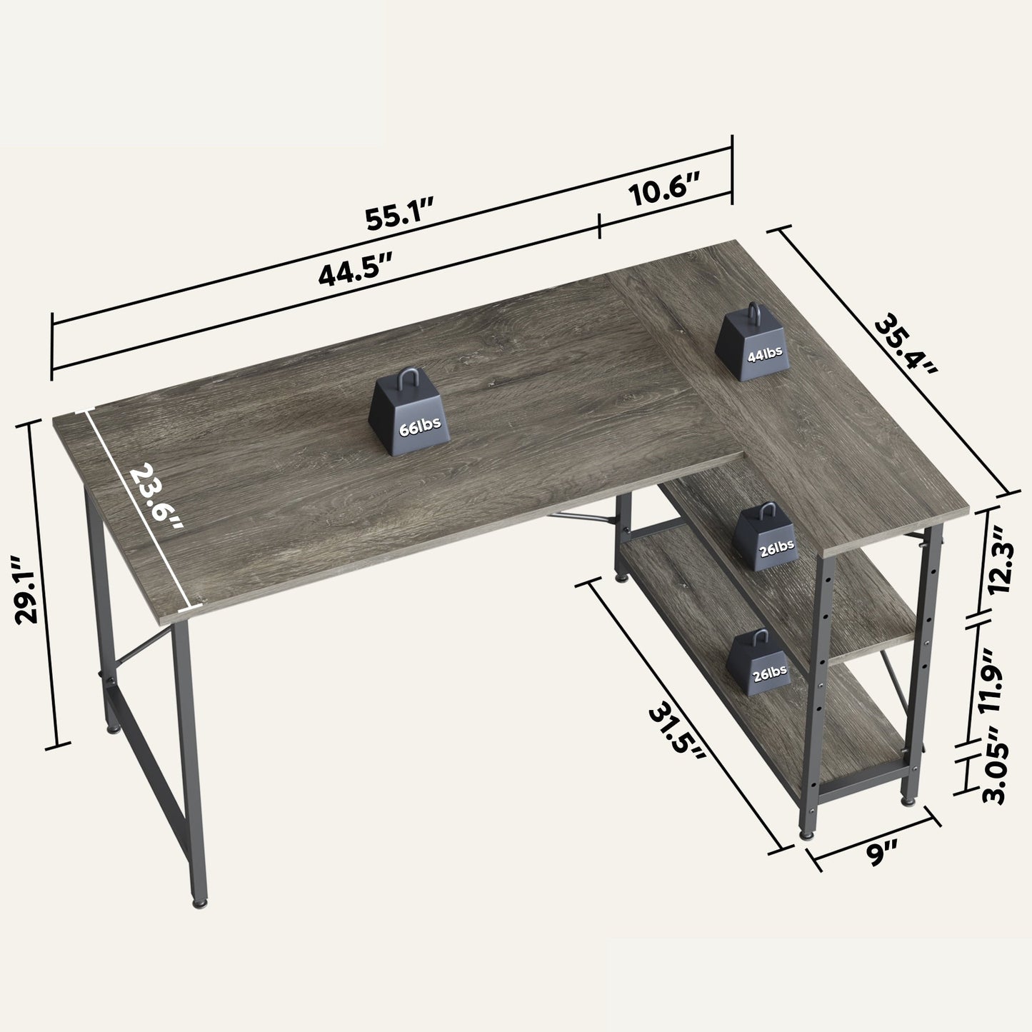 Petit bureau d'angle en forme de L avec étagères de rangement
