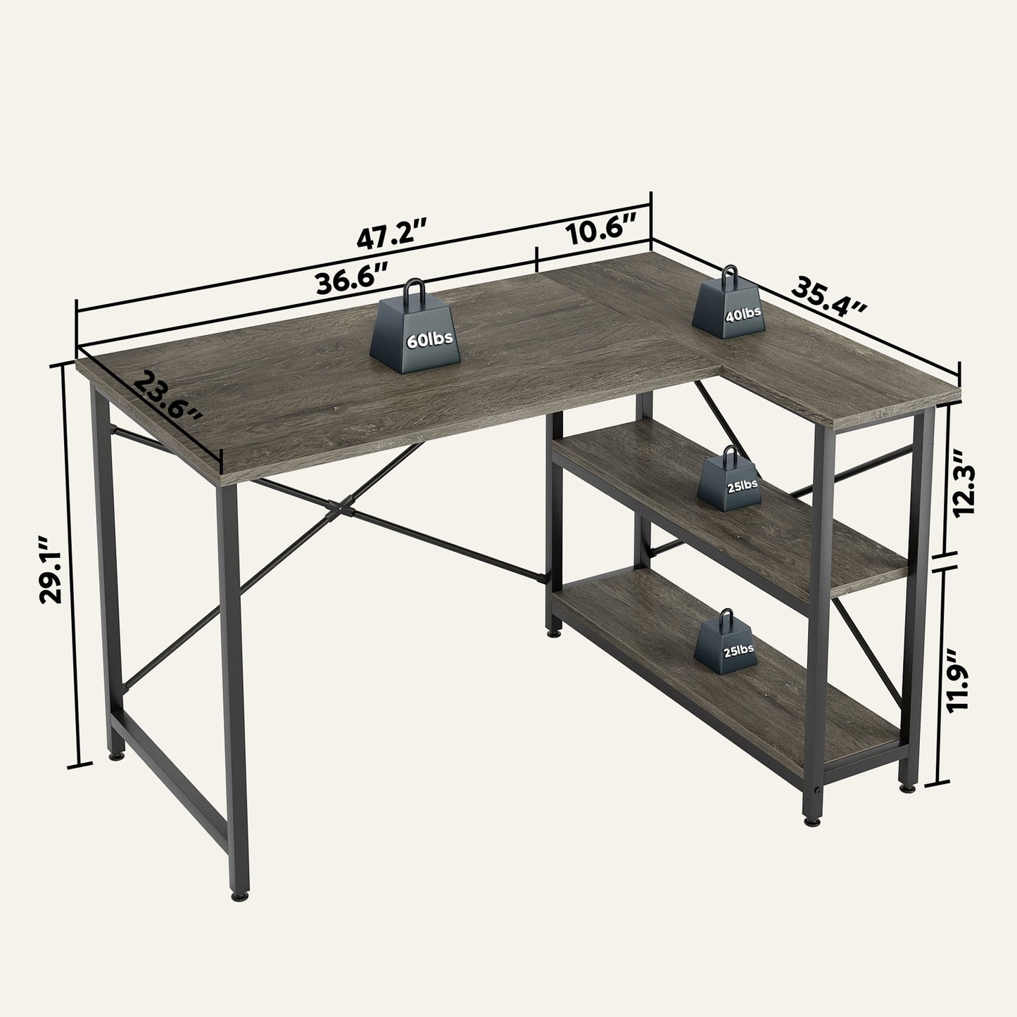 Petit bureau d'angle en forme de L avec étagères de rangement