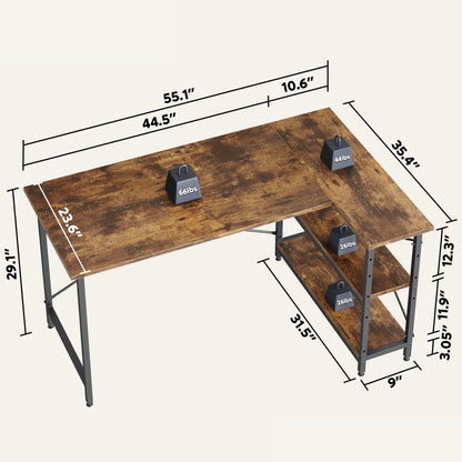 Petit bureau d'angle en forme de L avec étagères de rangement