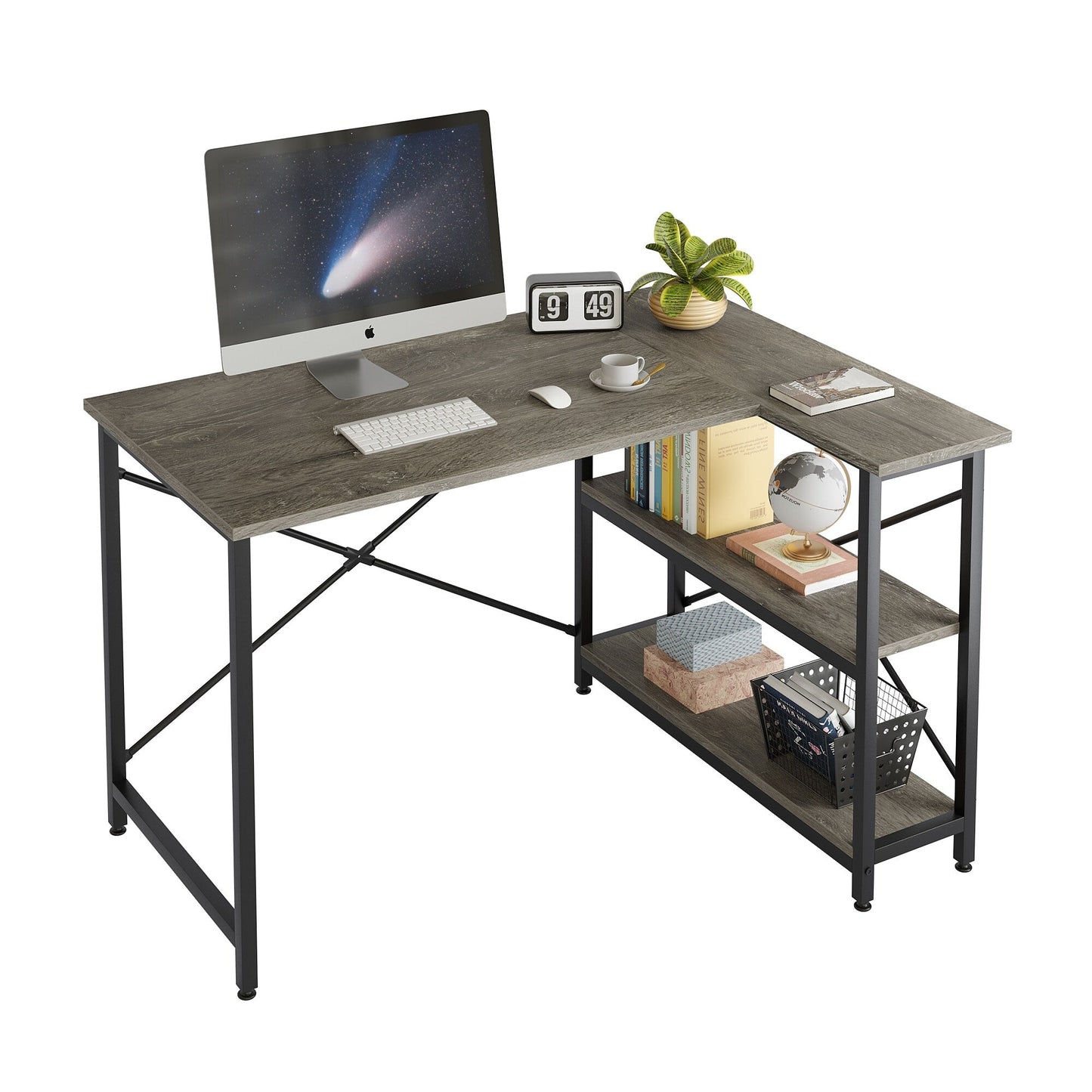 Petit bureau d'angle en forme de L avec étagères de rangement