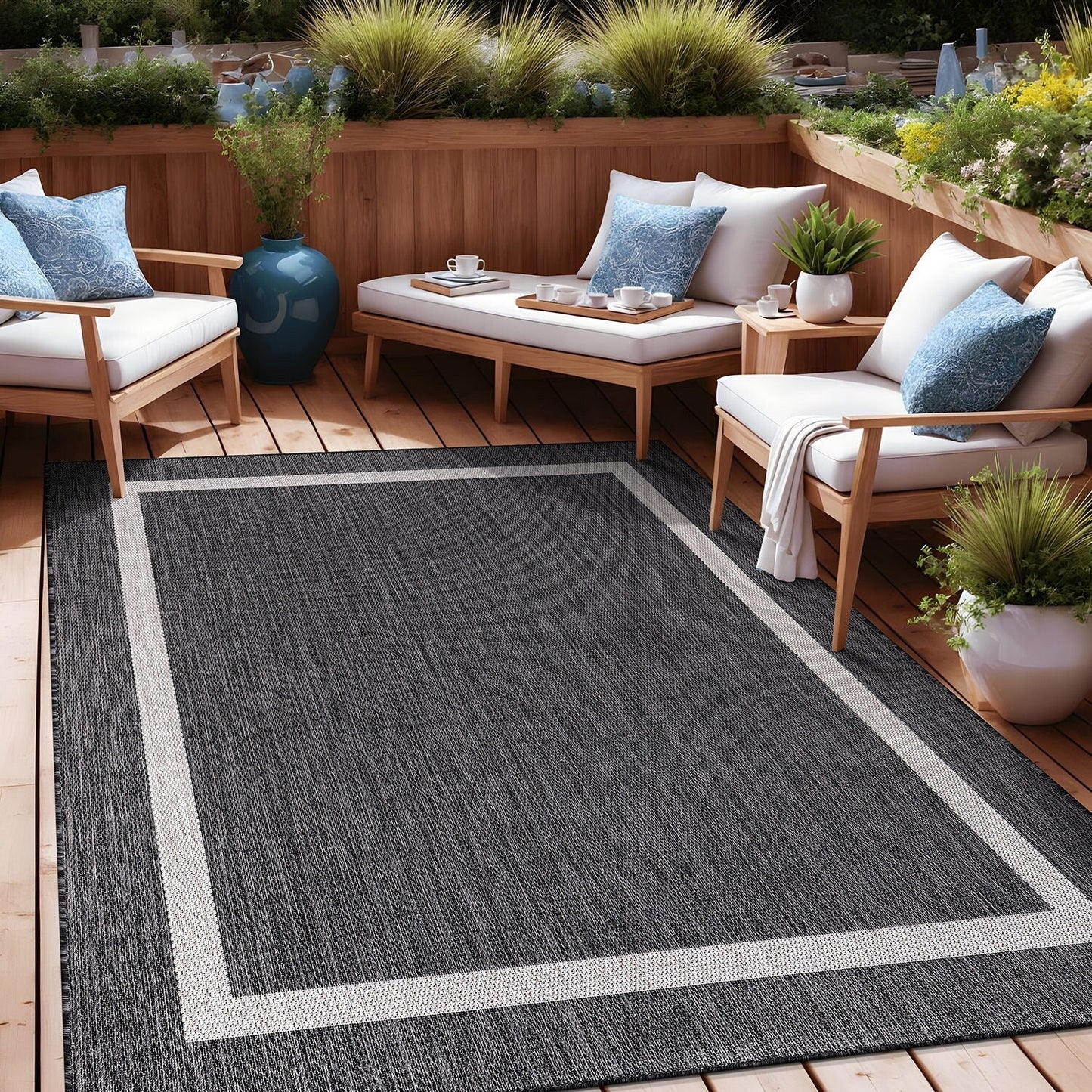 Tapis Beverly Rug moderne à bordures pour intérieur et extérieur, tapis d'extérieur pour patio, terrasse, porche