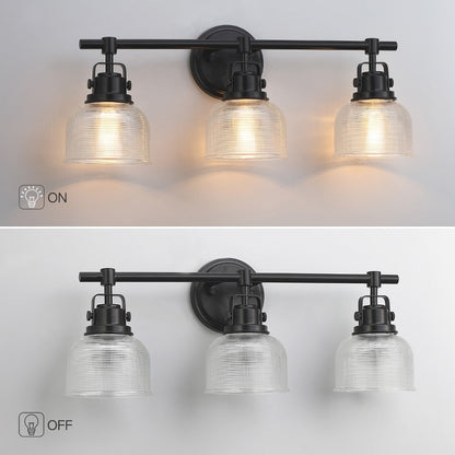 Applique murale noire pour salle de bain avec abat-jour en verre prismatique transparent