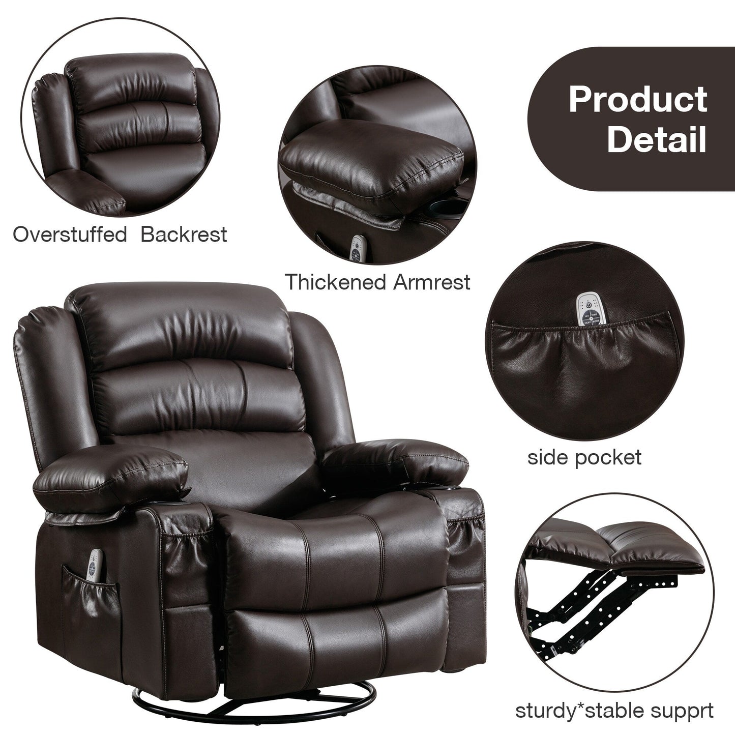 Fauteuil inclinable pivotant noir avec chauffage, massage et ports USB