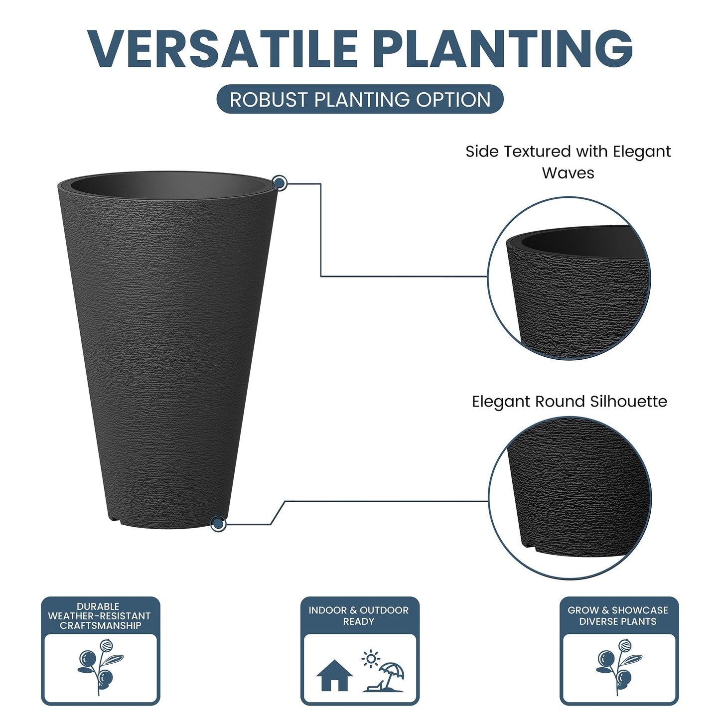 Ensemble de 2 grands pots ronds en plastique noir pour fleurs d'intérieur et d'extérieur
