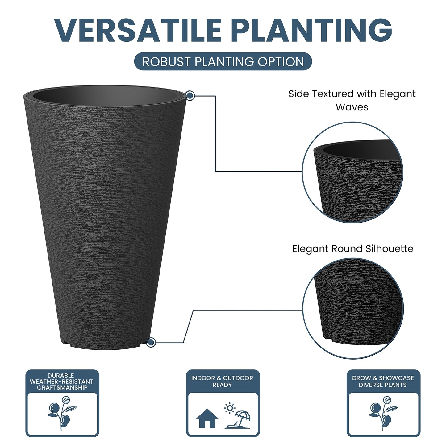 Ensemble de 2 grands pots ronds en plastique noir pour fleurs d'intérieur et d'extérieur