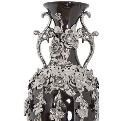 Superbe vase orné de bijoux en forme de fleuron noir et argent de 35 pouces de hauteur
