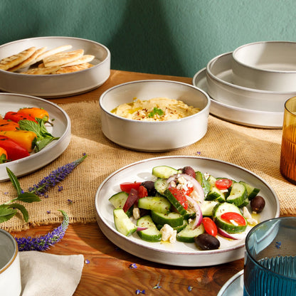 Service de table Bloomhouse Santorini Mist 16 pièces, assiettes et bols à double bol en terre cuite émaillée réactive