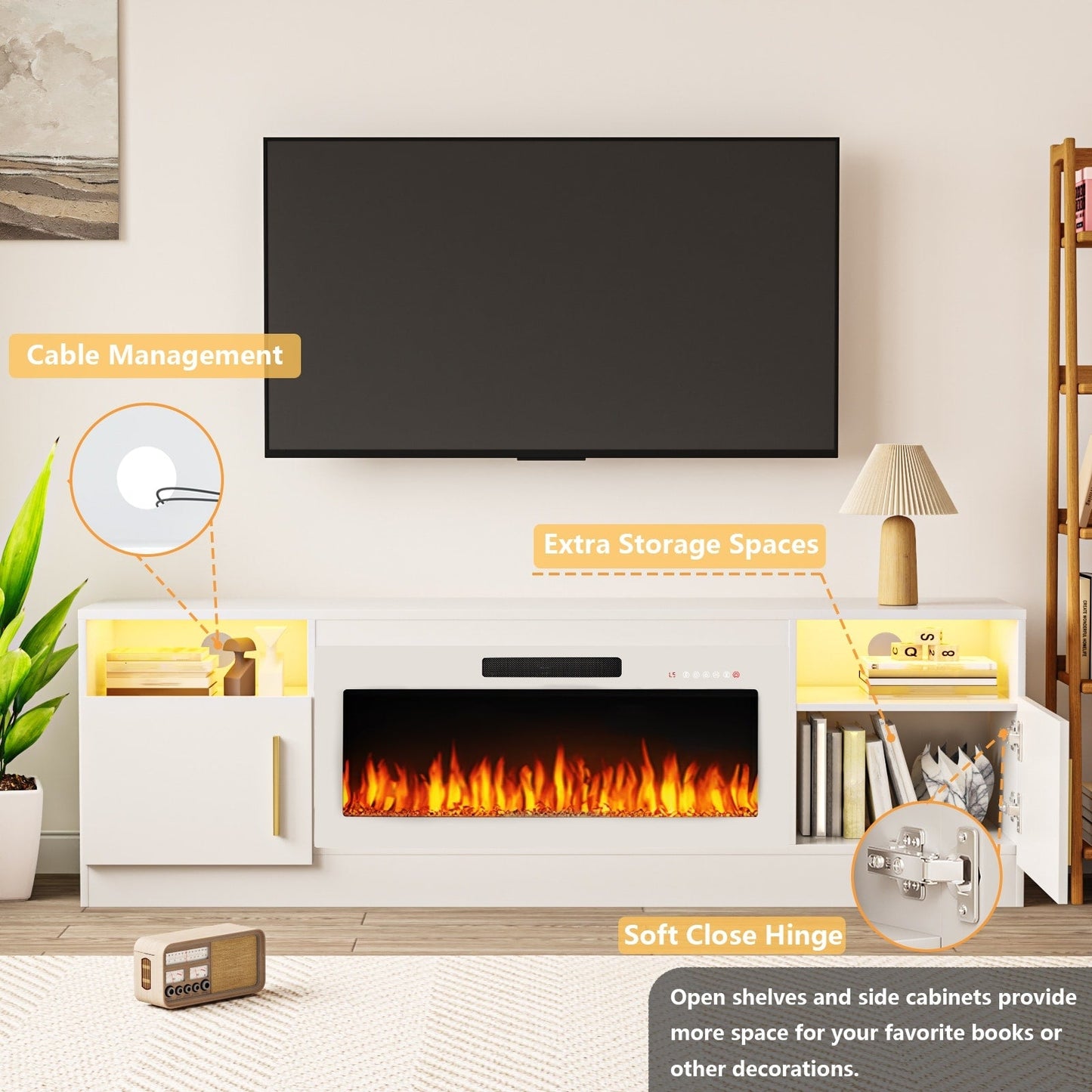 Meuble TV Bossin 70 avec cheminée électrique de 36 pouces, meuble TV pour téléviseurs jusqu'à 80 pouces, éclairage LED 16 couleurs/centre de divertissement