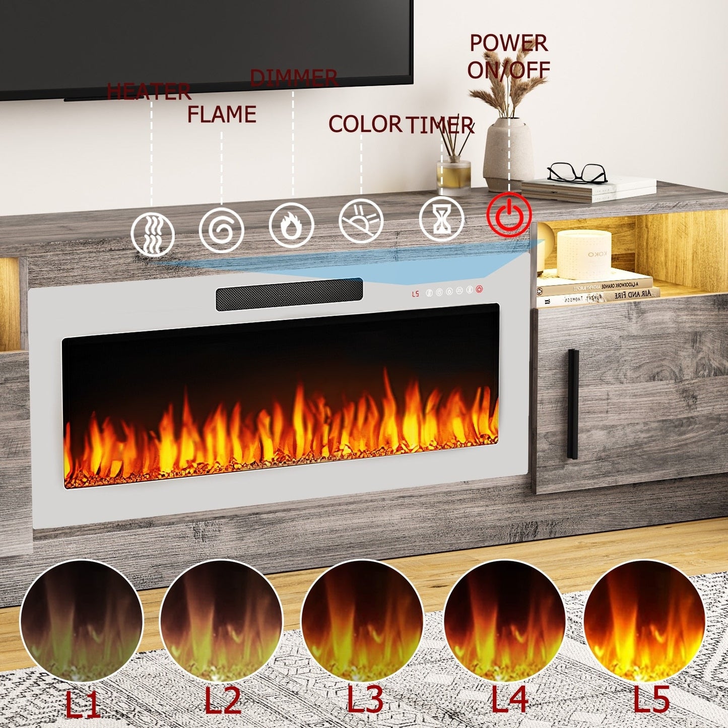 Meuble TV Bossin 70 avec cheminée électrique de 36 pouces, meuble TV pour téléviseurs jusqu'à 80 pouces, éclairage LED 16 couleurs/centre de divertissement