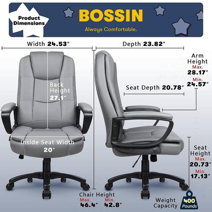 Fauteuil de bureau Bossin pour grandes tailles, dossier haut, fauteuil de direction ergonomique réglable en cuir, capacité 181 kg (400 lbs)