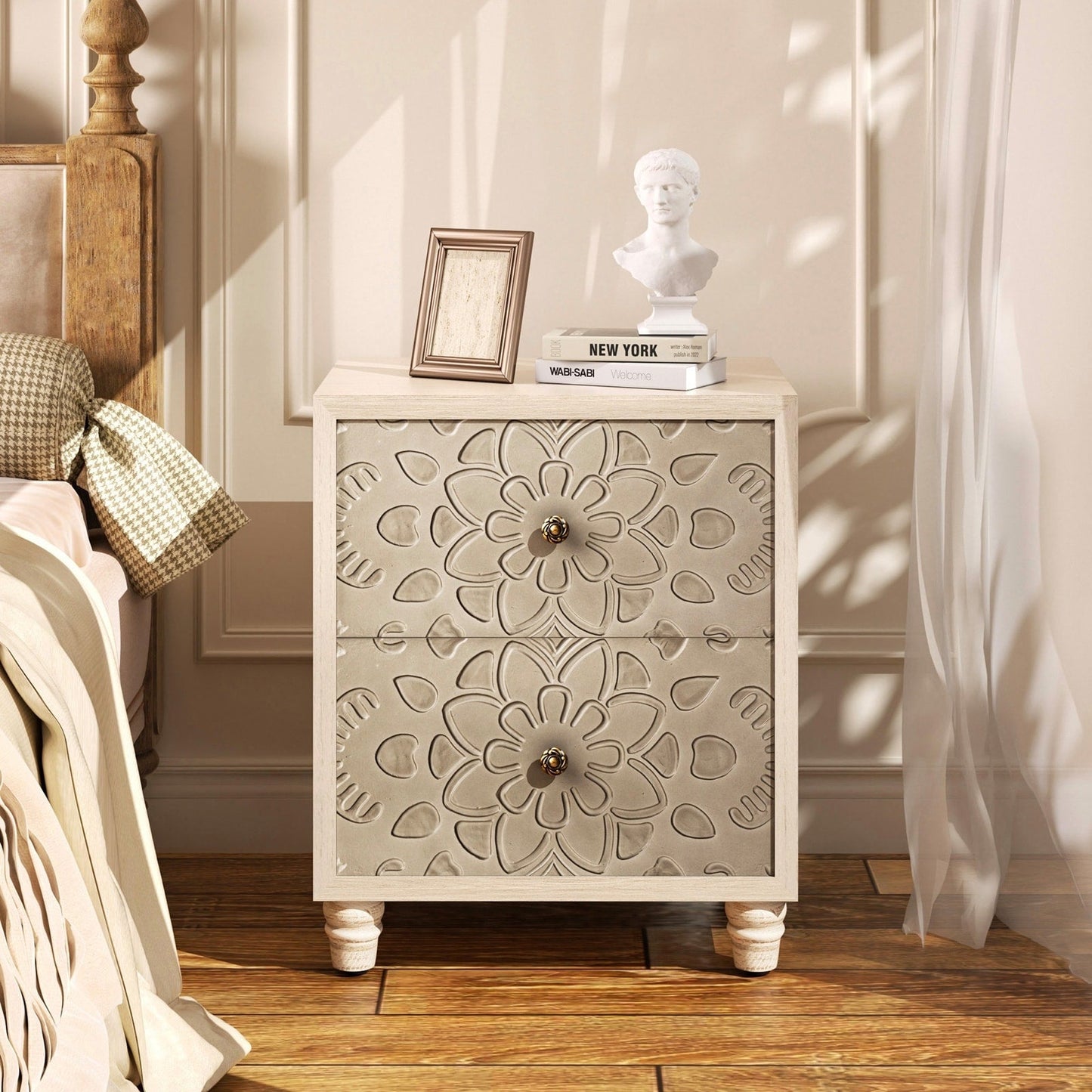 Table de chevet en bois massif marron vintage, motif COSIEST, avec tiroirs