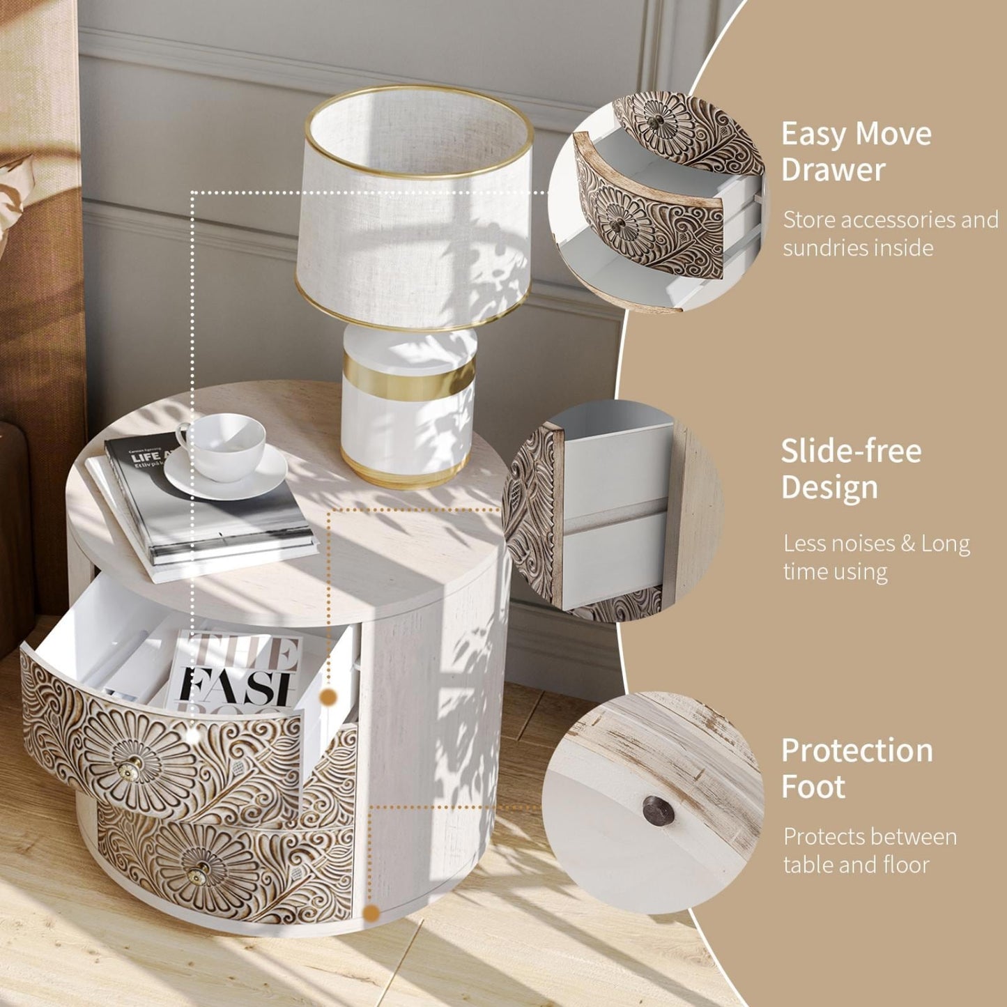 Table de chevet en bois massif marron vintage, motif COSIEST, avec tiroirs