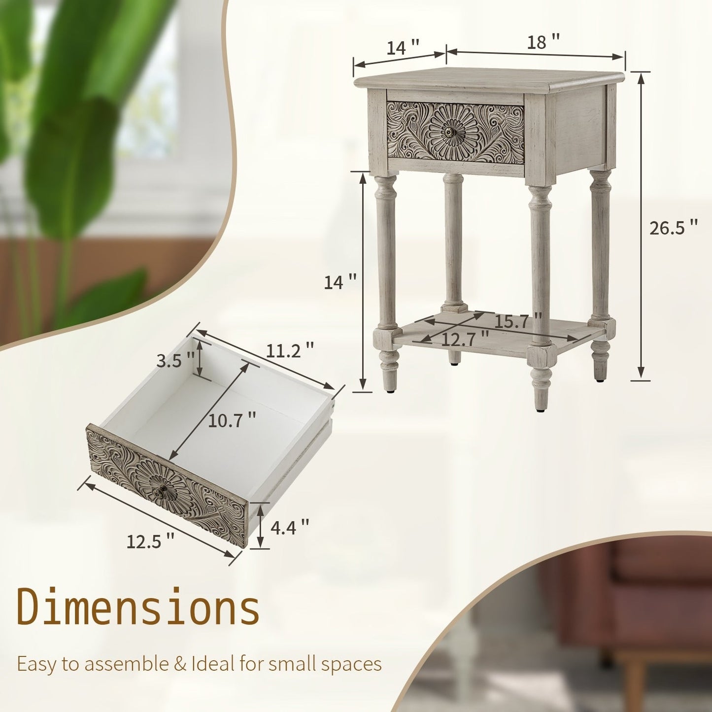 Table de chevet en bois massif marron vintage, motif COSIEST, avec tiroirs