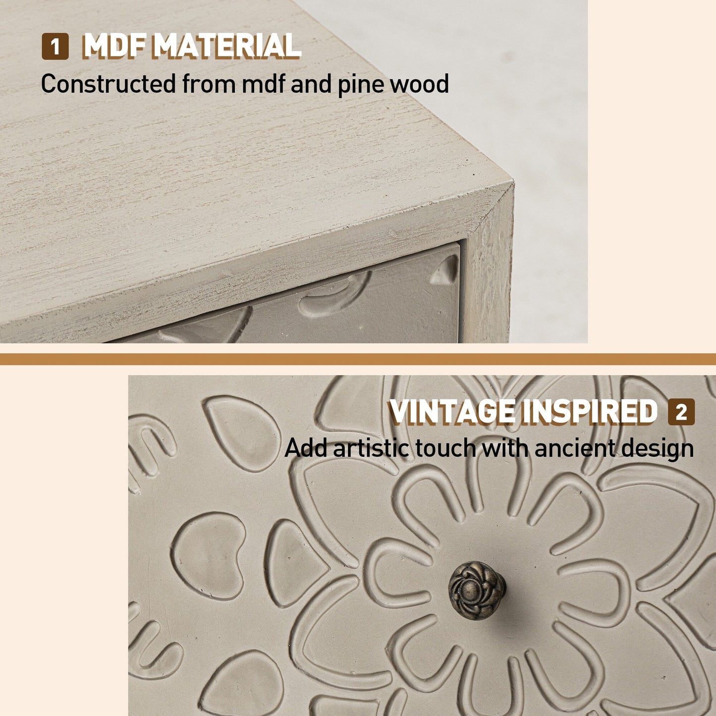 Table de chevet en bois massif marron vintage, motif COSIEST, avec tiroirs