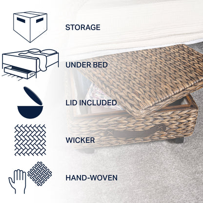 Happimess Bac de rangement sous le lit en jacinthe/bois avec roulettes et poignées