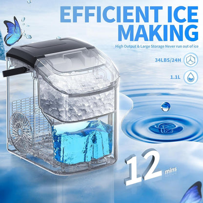 Machine à glaçons portable Nugget Ice avec boutons mécaniques, équipée d'un panier à glaçons et d'une pelle à glaçons, en acier inoxydable