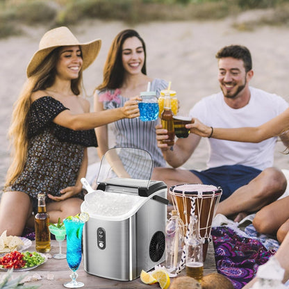 Machine à glaçons portable Nugget Ice avec boutons mécaniques, équipée d'un panier à glaçons et d'une pelle à glaçons, en acier inoxydable