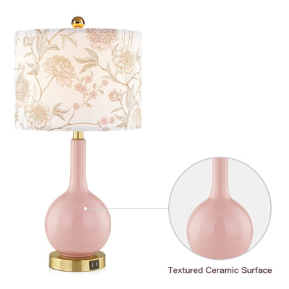 Lampe de table en céramique rose avec interrupteur tactile à intensité variable à 3 positions et deux ports de chargement USB - 12'' x 12'' x 24'' (L x l x H)