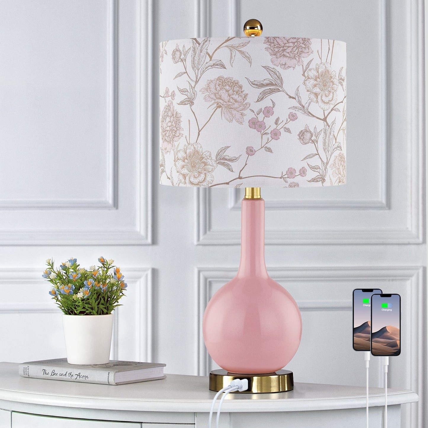 Lampe de table en céramique rose avec interrupteur tactile à intensité variable à 3 positions et deux ports de chargement USB - 12'' x 12'' x 24'' (L x l x H)