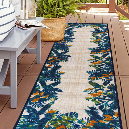 Tapis d'intérieur/extérieur à bordure florale contemporaine