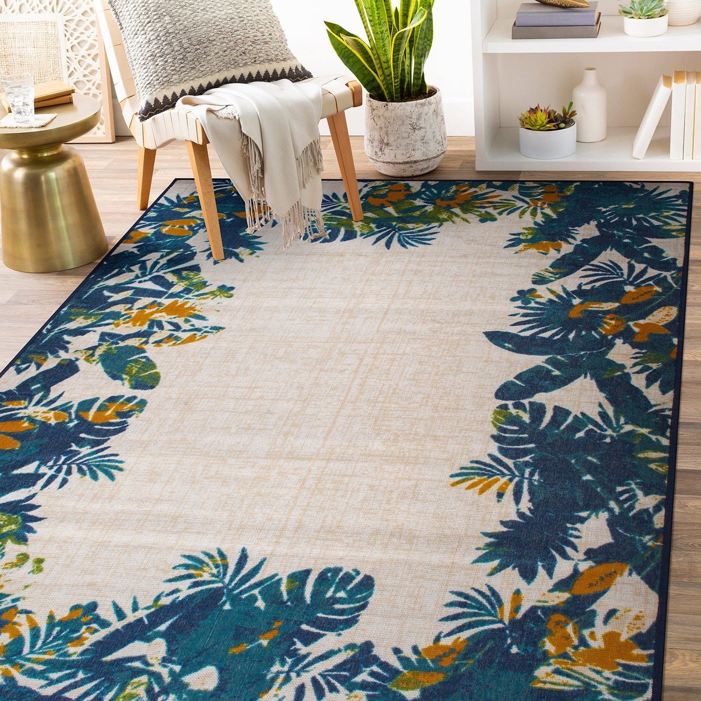 Tapis d'intérieur/extérieur à bordure florale contemporaine