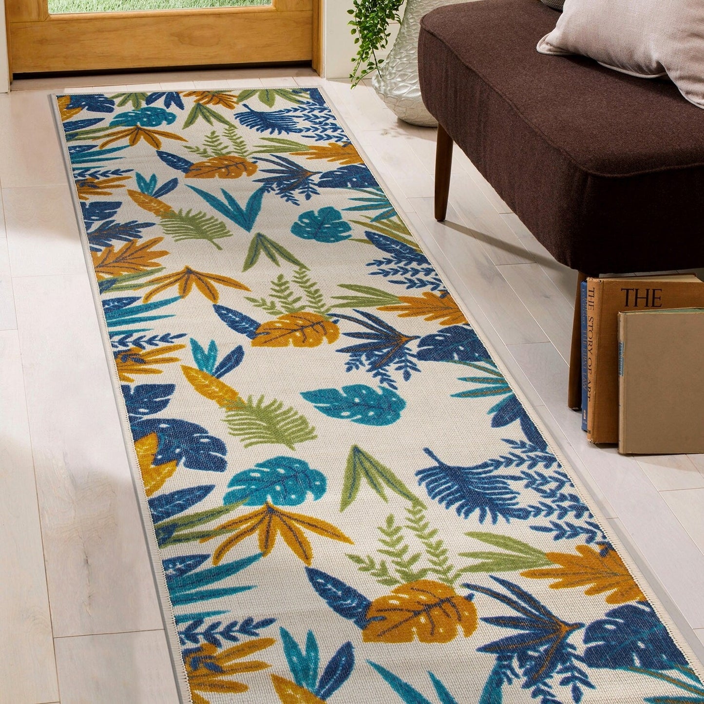 Tapis d'intérieur/extérieur contemporain à motif floral et feuilles