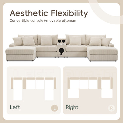 Canapé sectionnel en velours côtelé avec haut-parleurs Bluetooth, chargeur USB, porte-gobelets, rangement, pouf, assise profonde et large