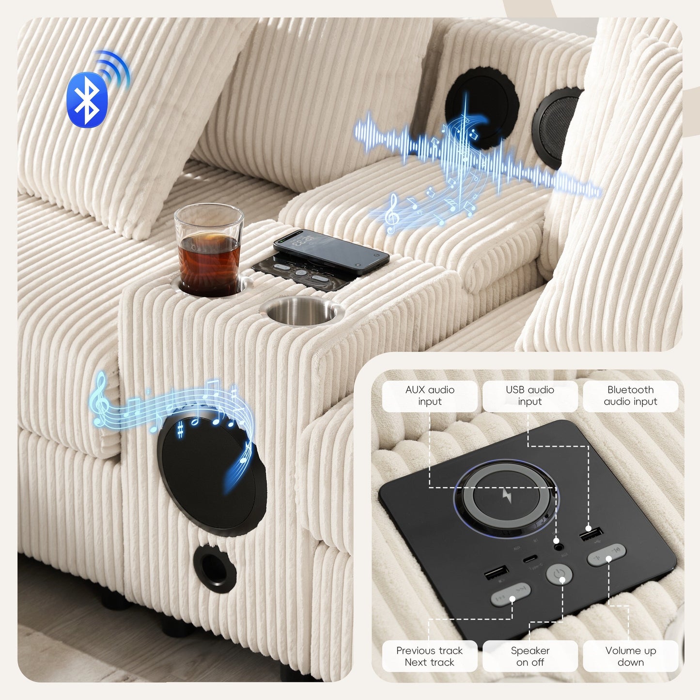Canapé sectionnel en velours côtelé avec haut-parleurs Bluetooth, chargeur USB, porte-gobelets, rangement, pouf, assise profonde et large