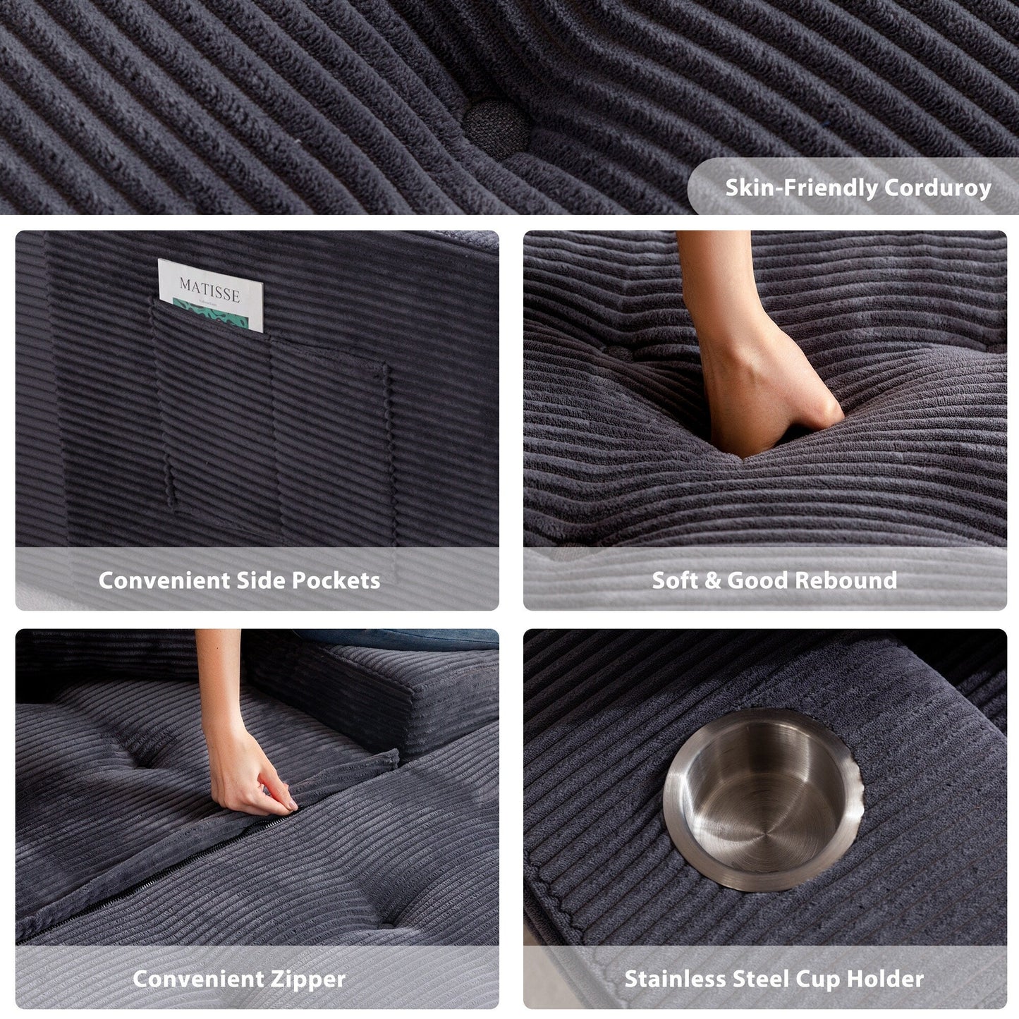 Canapé pouf rembourré en velours côtelé et mousse à mémoire de forme avec pouf - 48,4 L x 67,7 l x 24,4 H