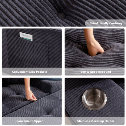 Canapé pouf rembourré en velours côtelé et mousse à mémoire de forme avec pouf - 48,4 L x 67,7 l x 24,4 H