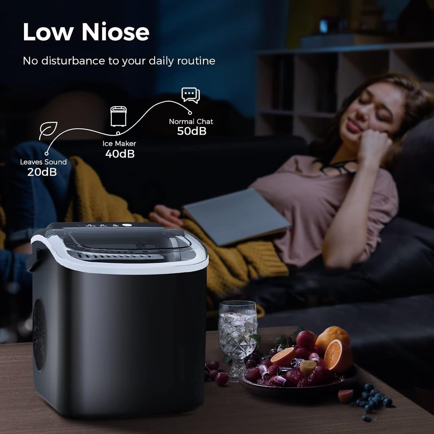 Machine à glaçons portable de comptoir avec fonction autonettoyante, 9 glaçons ronds en 6 minutes, fournie avec panier à glaçons et pelle à glace.