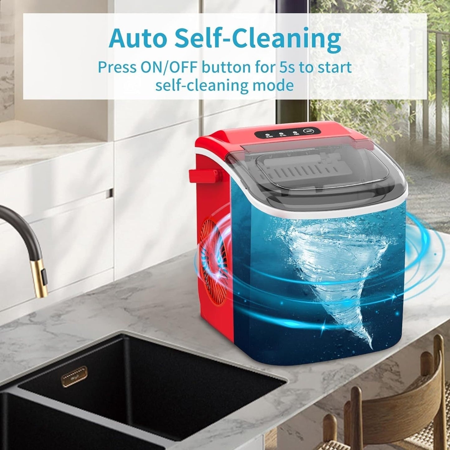 Machine à glaçons portable de comptoir avec fonction autonettoyante, 9 glaçons ronds en 6 minutes, fournie avec panier à glaçons et pelle à glace.