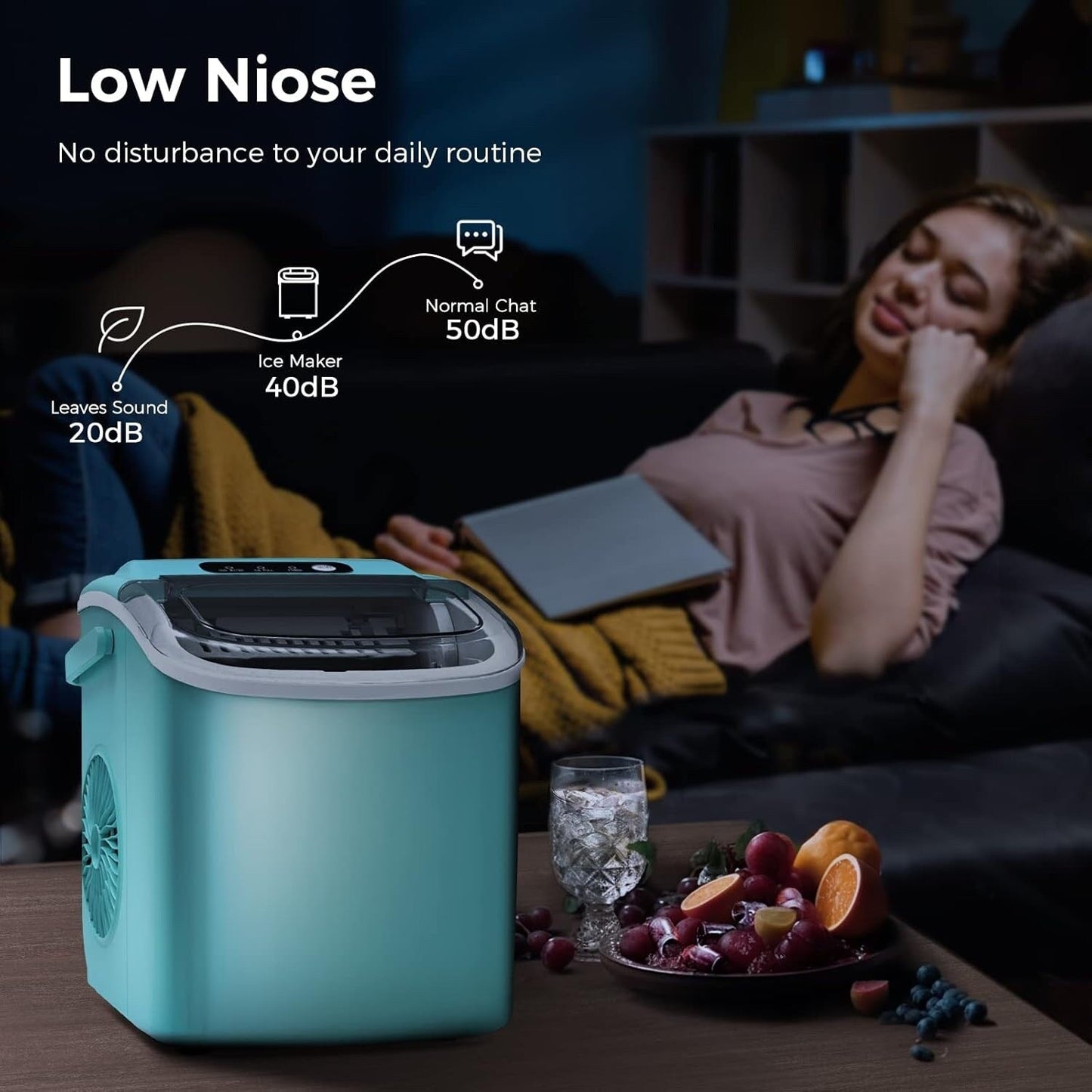 Machine à glaçons portable de comptoir avec fonction autonettoyante, 9 glaçons ronds en 6 minutes, fournie avec panier à glaçons et pelle à glace.