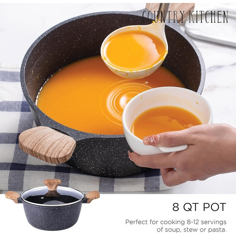 Ensemble de casseroles en fonte d'aluminium antiadhésives Country Kitchen - Batterie de cuisine durable pour la cuisine de tous les jours, 6 à 11 pièces