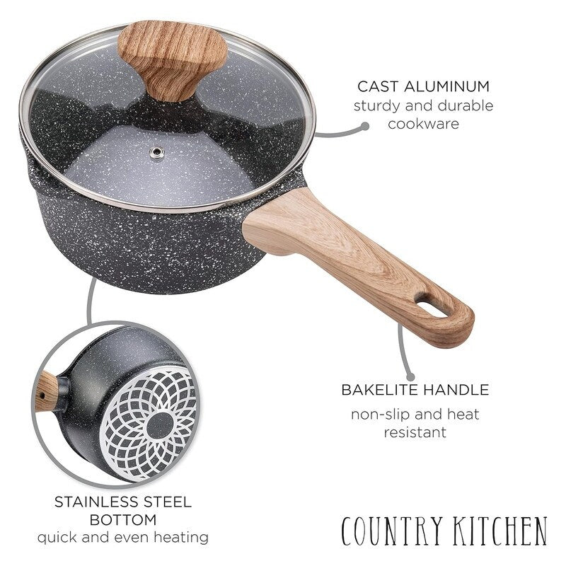 Ensemble de casseroles en fonte d'aluminium antiadhésives Country Kitchen - Batterie de cuisine durable pour la cuisine de tous les jours, 6 à 11 pièces