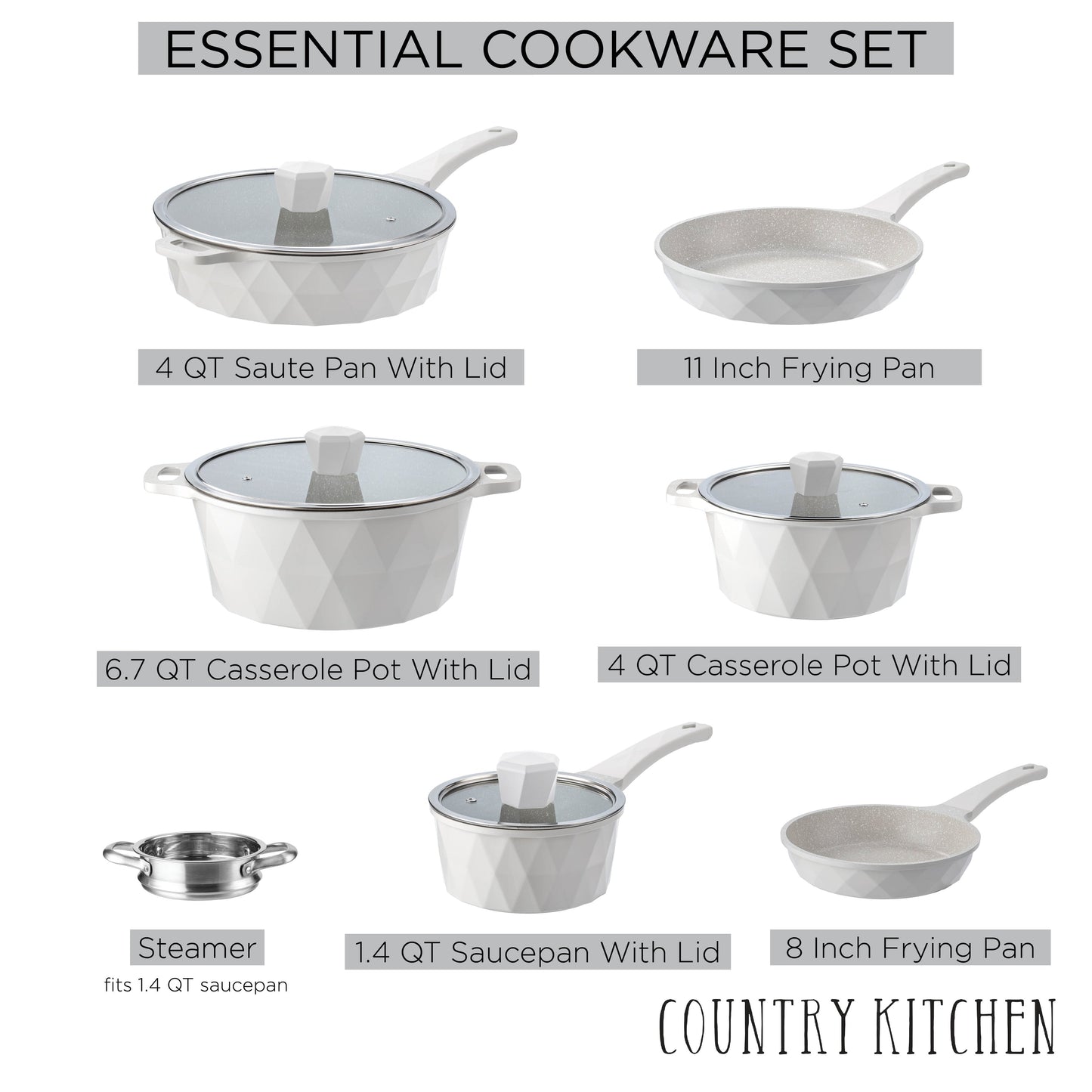 Ensemble de casseroles en fonte d'aluminium antiadhésives Country Kitchen - Batterie de cuisine durable pour la cuisine de tous les jours, 6 à 11 pièces