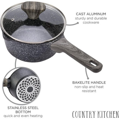Ensemble de casseroles en fonte d'aluminium antiadhésives Country Kitchen - Batterie de cuisine durable pour la cuisine de tous les jours, 6 à 11 pièces