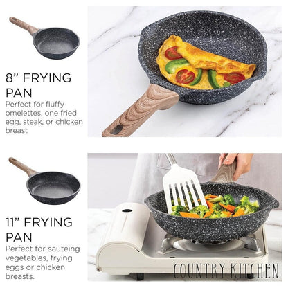 Ensemble de casseroles en fonte d'aluminium antiadhésives Country Kitchen - Batterie de cuisine durable pour la cuisine de tous les jours, 6 à 11 pièces