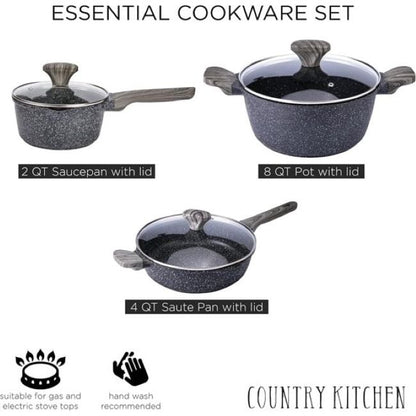 Ensemble de casseroles en fonte d'aluminium antiadhésives Country Kitchen - Batterie de cuisine durable pour la cuisine de tous les jours, 6 à 11 pièces